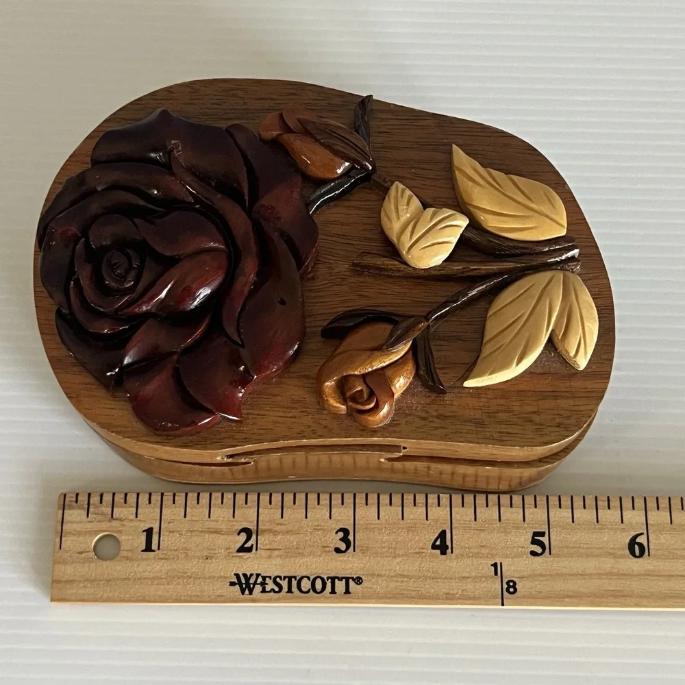 Handcrafted Wooden Floral Puzzle Box with Carved Rose and Red Velvet Lining